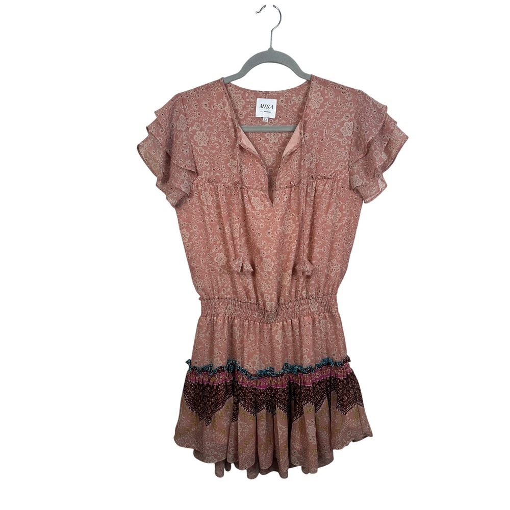 Misa Los Angeles Mini Dress Women‎ XS Pink Excellent Floral Boho Tiered Ruffle